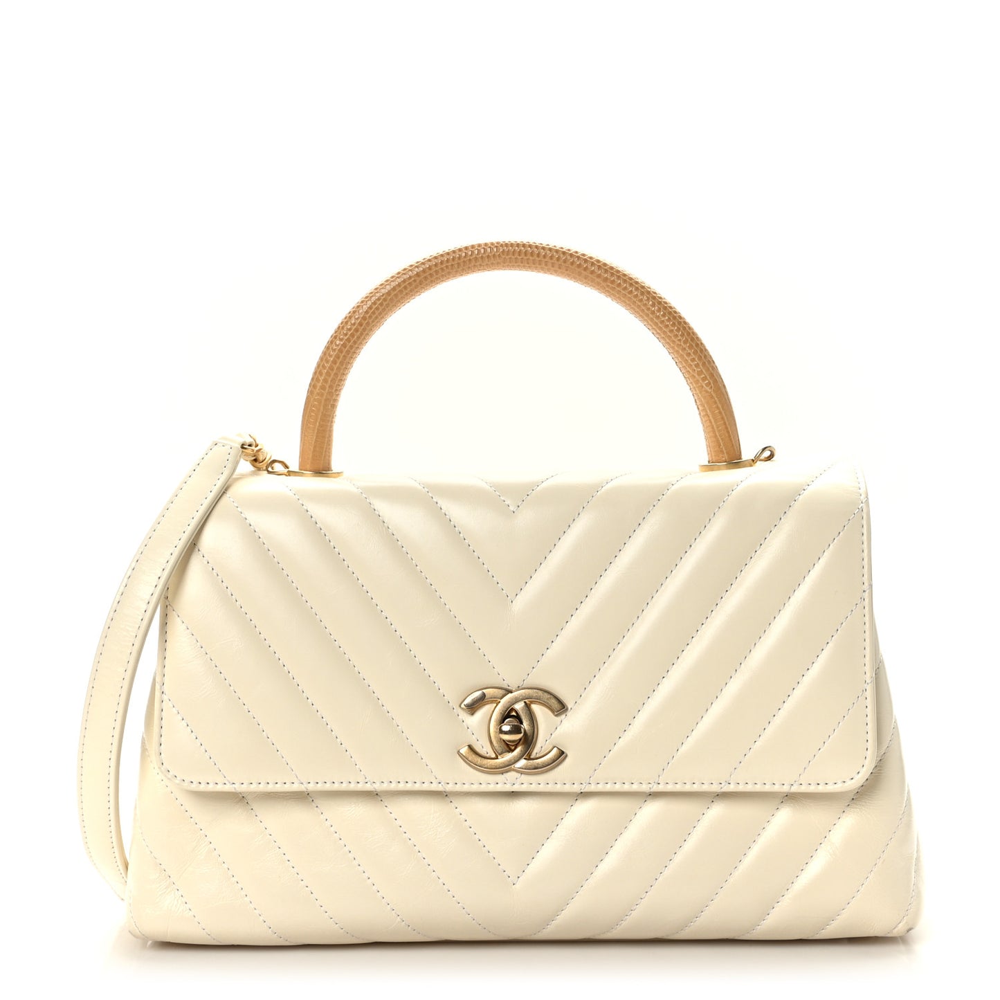Calfskin Lizard Chevron Quilted Small Coco Handle Flap Ivory