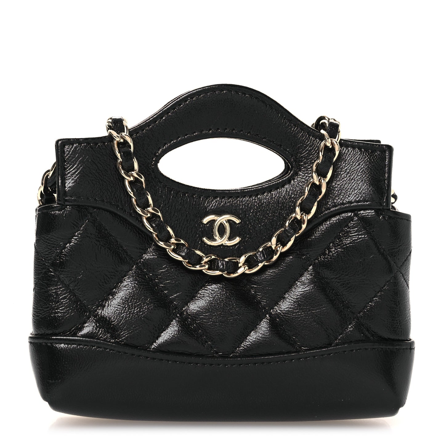 Shiny Lambskin Quilted Micro 31 Clutch With Chain Black