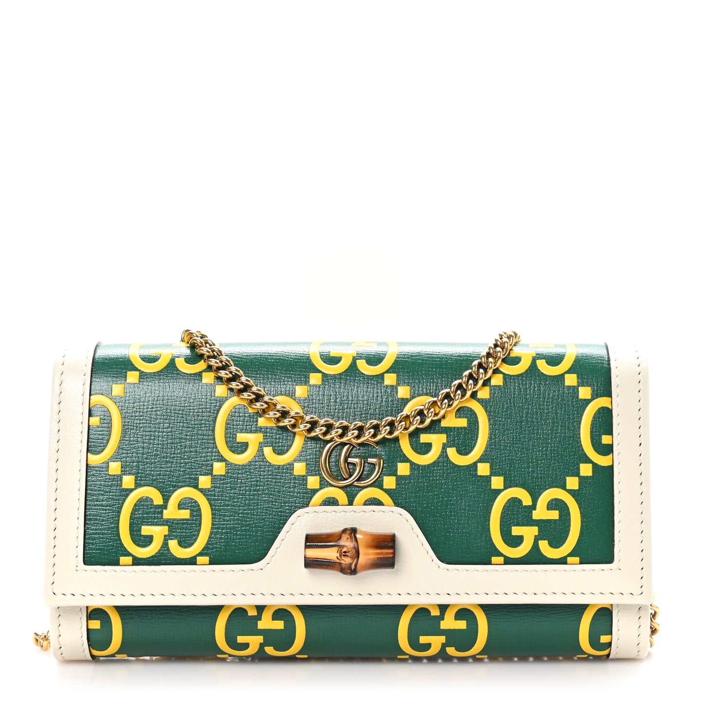 Azalea Calfskin GG Monogram Bi-Color Debossed Diana Chain Wallet Emerald Stone Topaz Mystic White