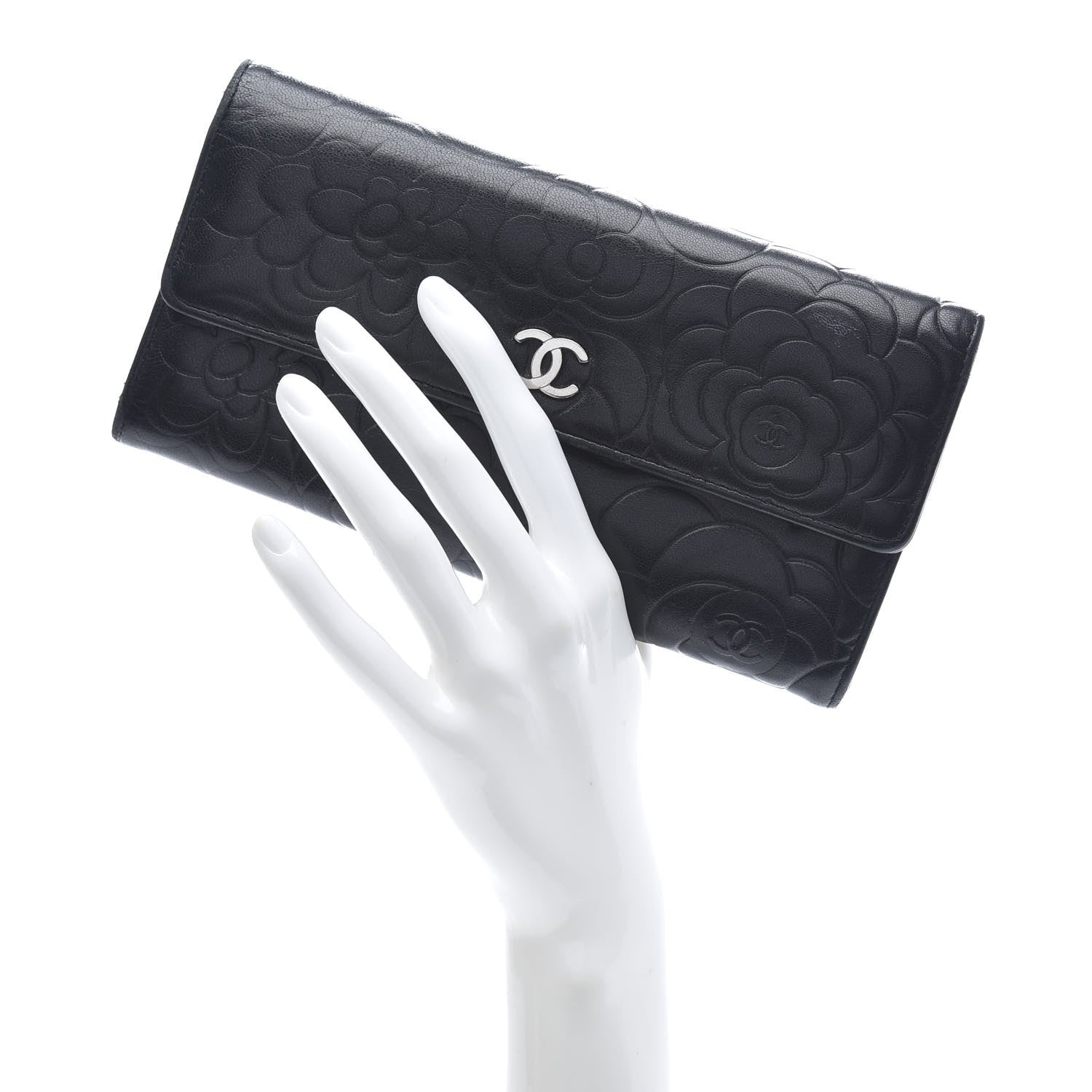 Chanel Lambskin Embossed Camellia Large Gusset Flap Wallet Black 2 of 11