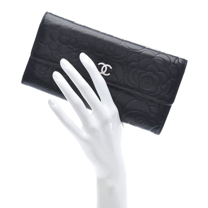 Chanel Lambskin Embossed Camellia Large Gusset Flap Wallet Black 2 of 11