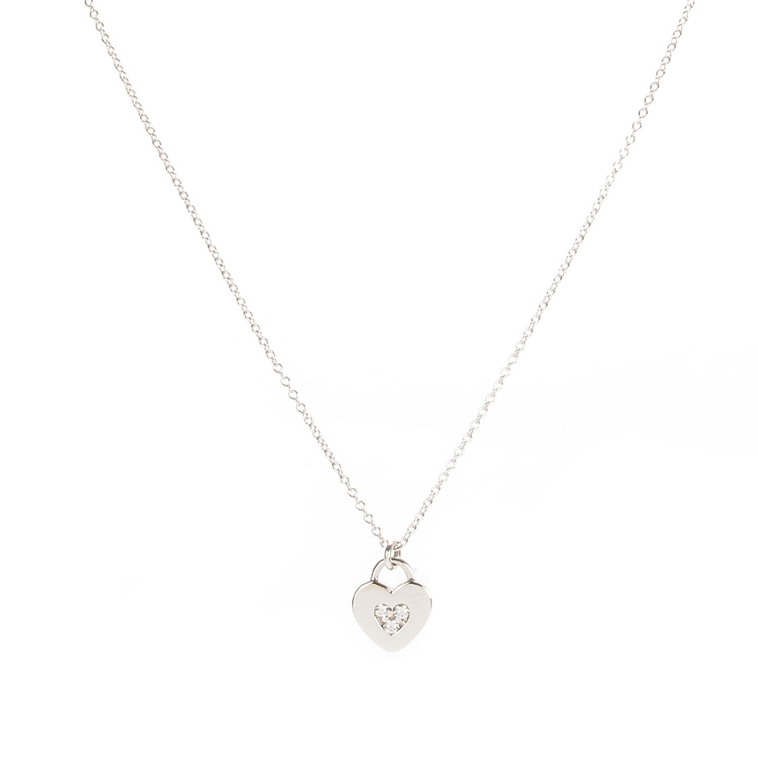 Tiffany 18K White Gold Diamond Mini Heart Lock Pendant Necklace 1 of 6