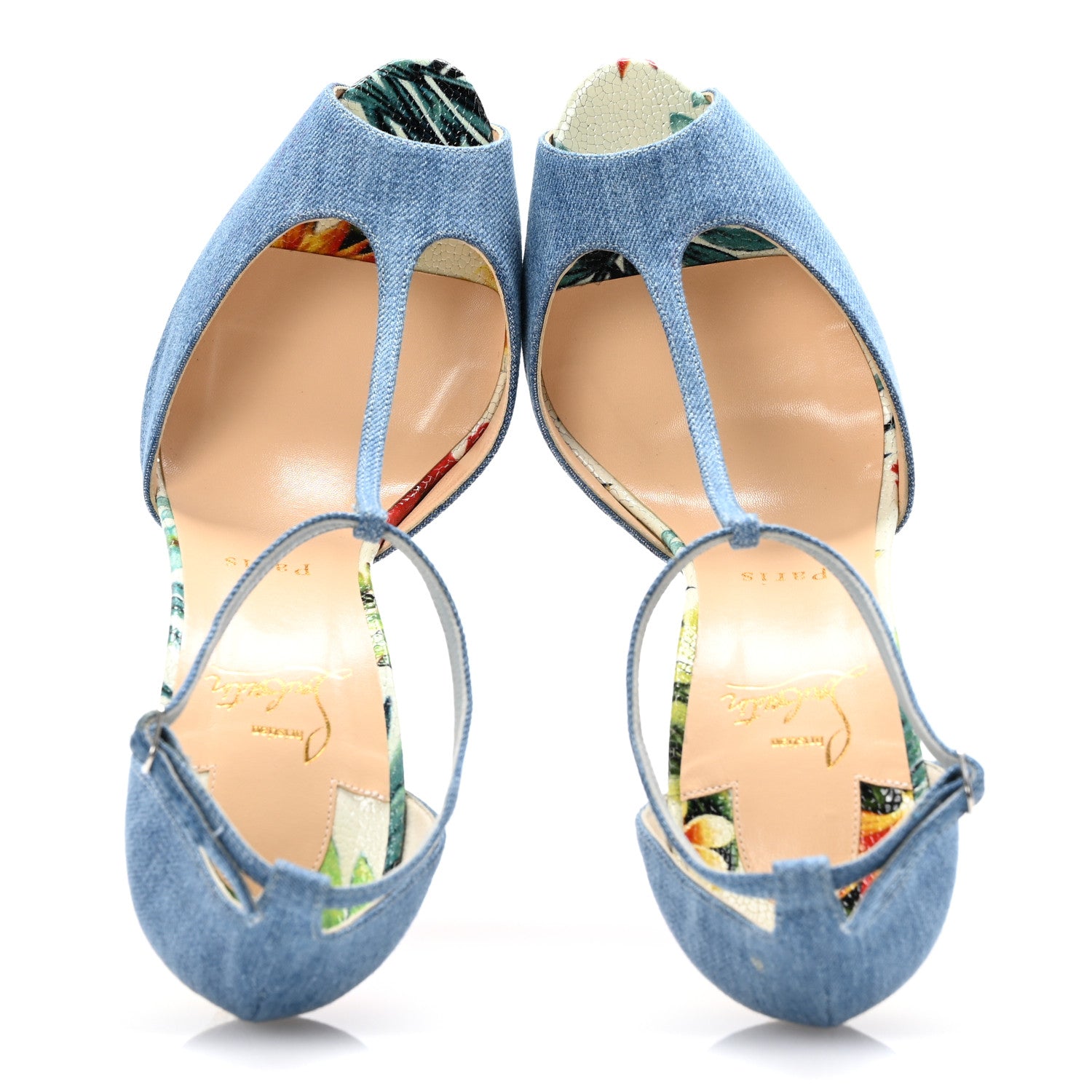 Christian Louboutin Denim Crackled Calfskin Hawaii Print Senora 100 Sandals 41 Blue White 2 of 11