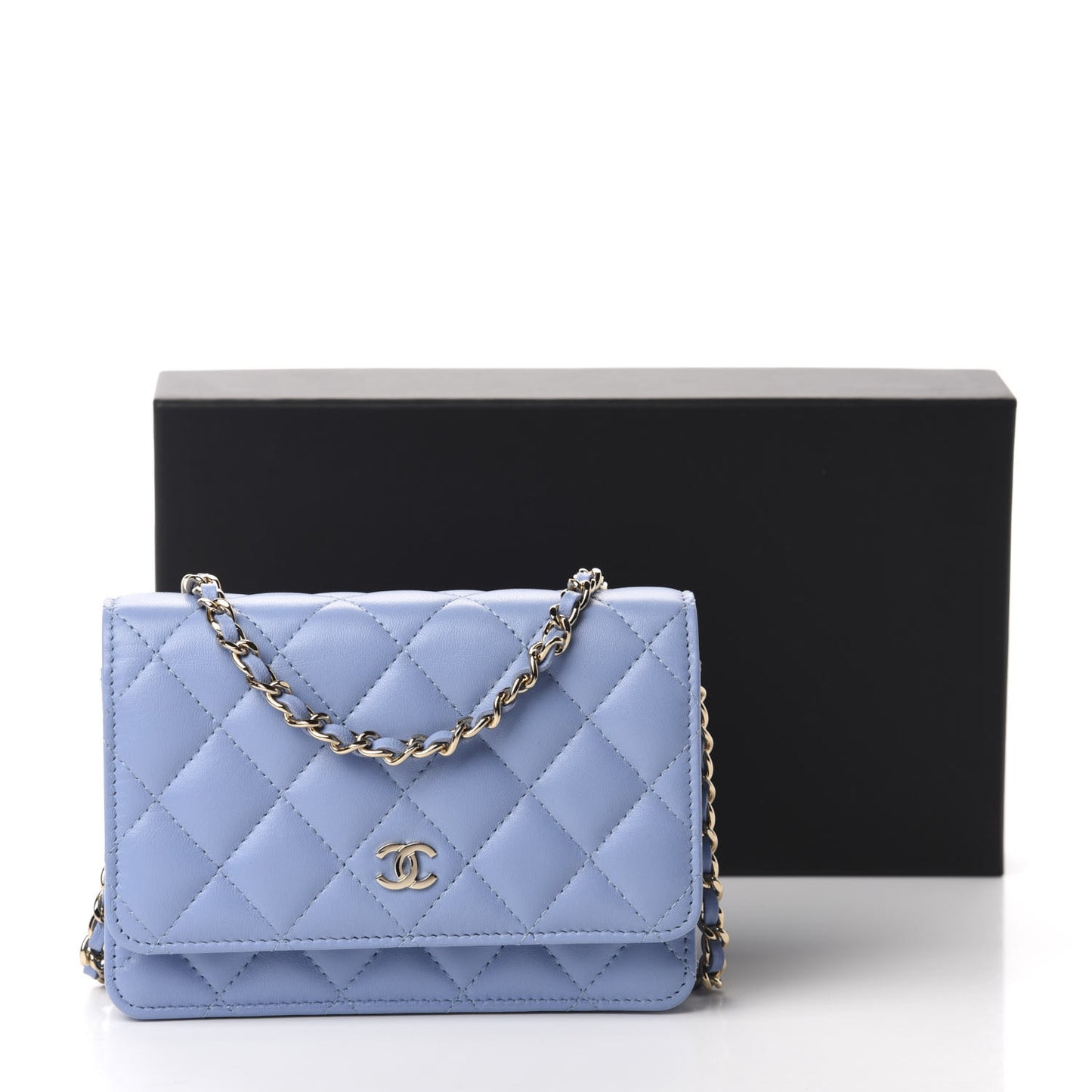 Lambskin Quilted Mini Wallet On Chain WOC Light Blue