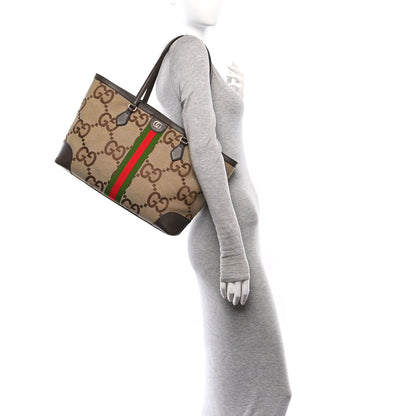Gucci Monogram Jumbo GG Textured Dollar Calfskin Web Medium Ophidia Shopping Tote Camel Ebony 2 of 13