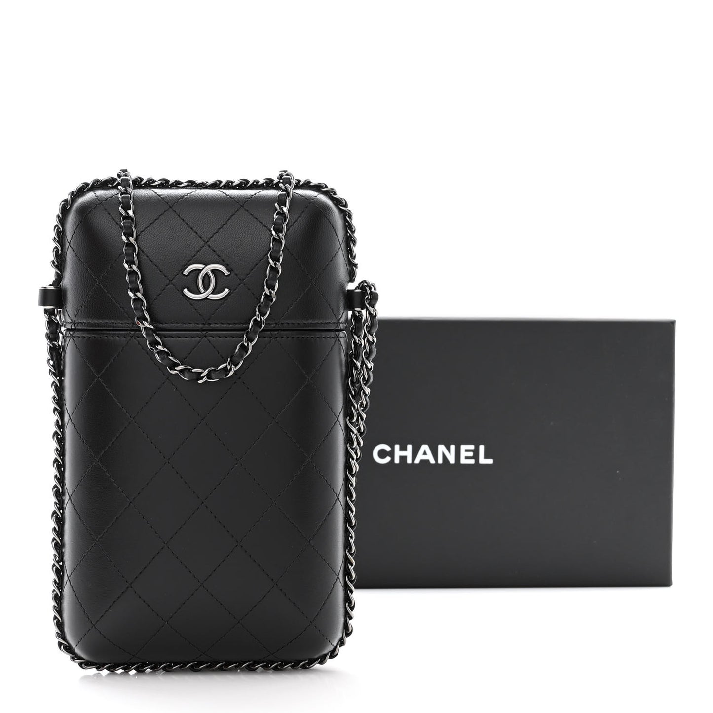 Lambskin Quilted Chain Around Phone Holder Black
