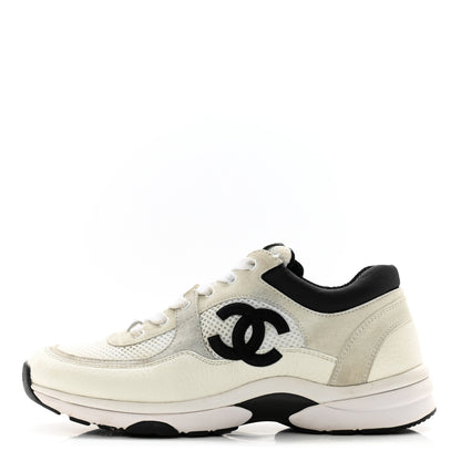 Chanel Mesh Suede Calfskin Grained Calfskin Womens CC Sneakers 39 White Black 1 of 11