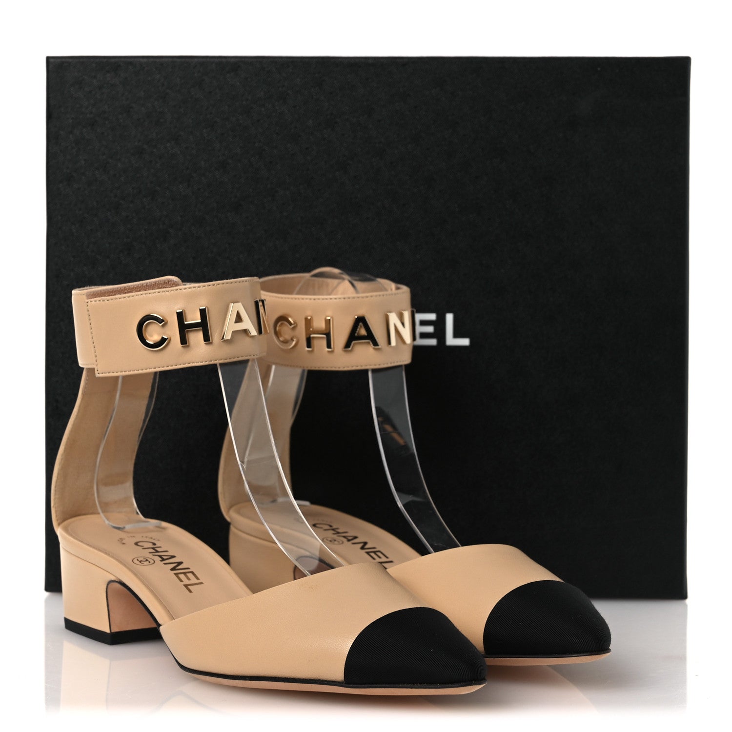 Chanel Lambskin Grosgrain Cap Toe Logo Ankle Strap Pumps 38 Beige Black 11 of 11