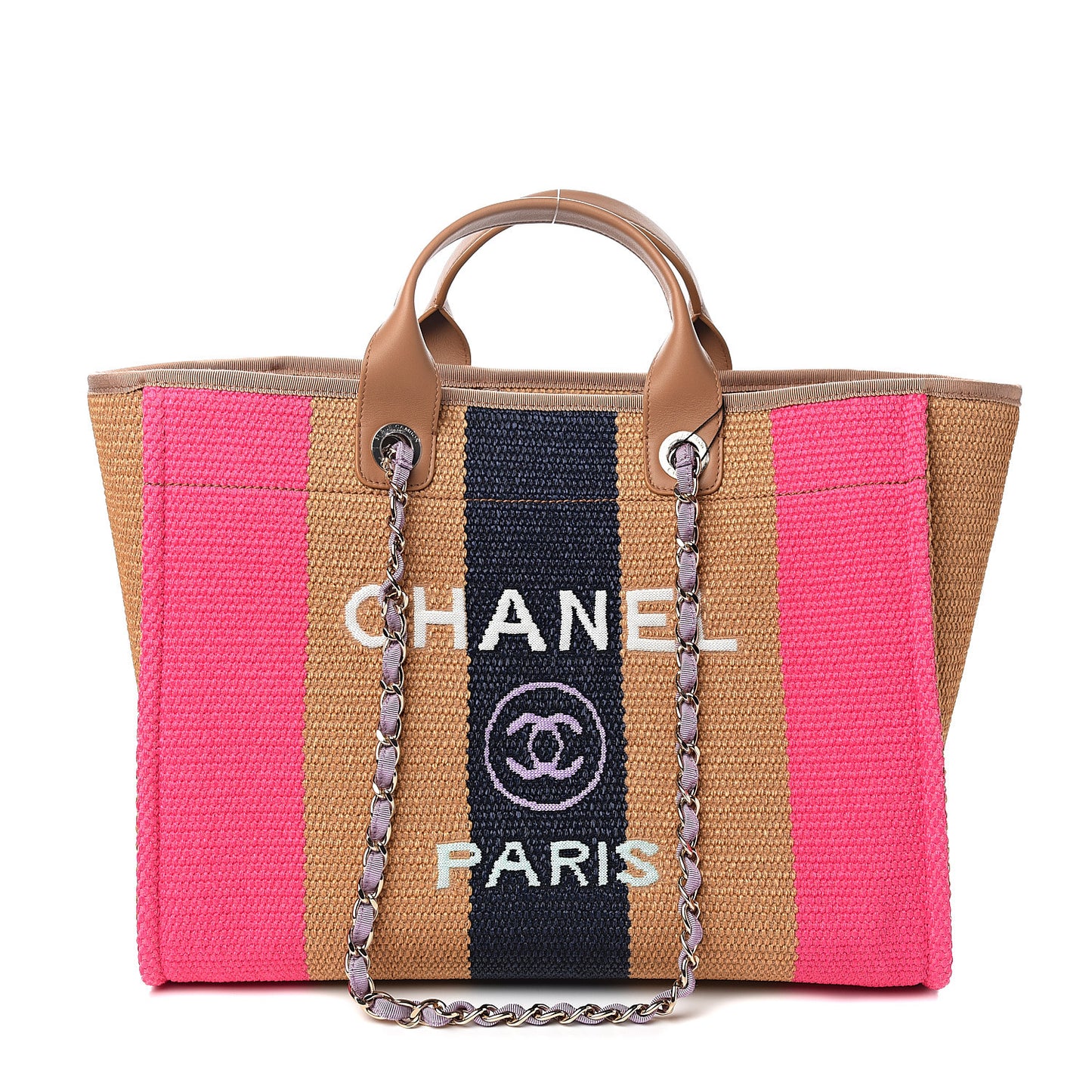 Straw Raffia Calfskin Striped Medium Deauville Tote Dark Beige Fuchsia Navy Blue