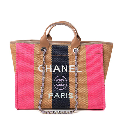 Chanel Straw Raffia Calfskin Striped Medium Deauville Tote Dark Beige Fuchsia Navy Blue 1 of 10