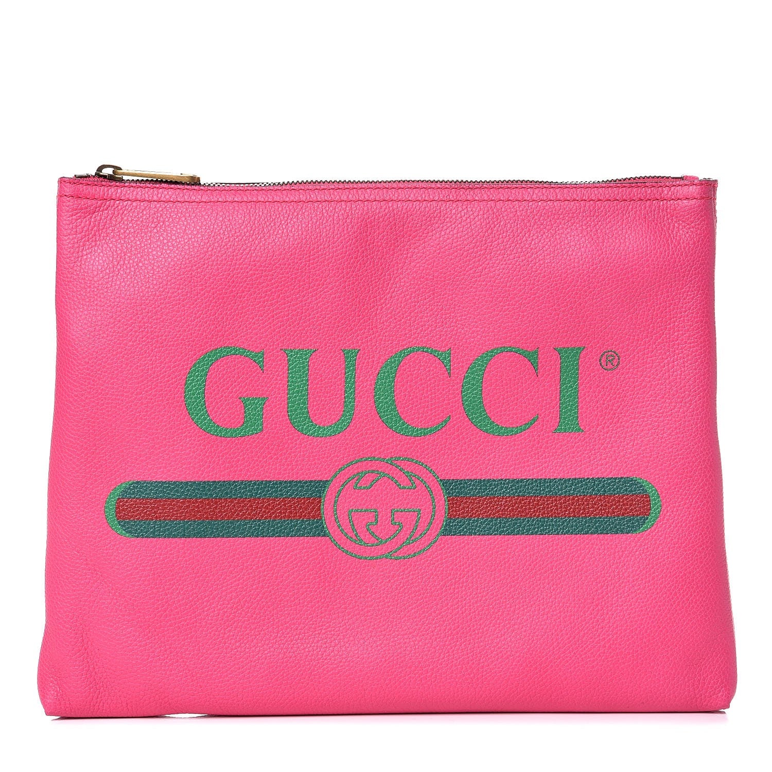 Gucci Pebbled Calfskin Medium Logo Portfolio Clutch Box Pink Green 1 of 7