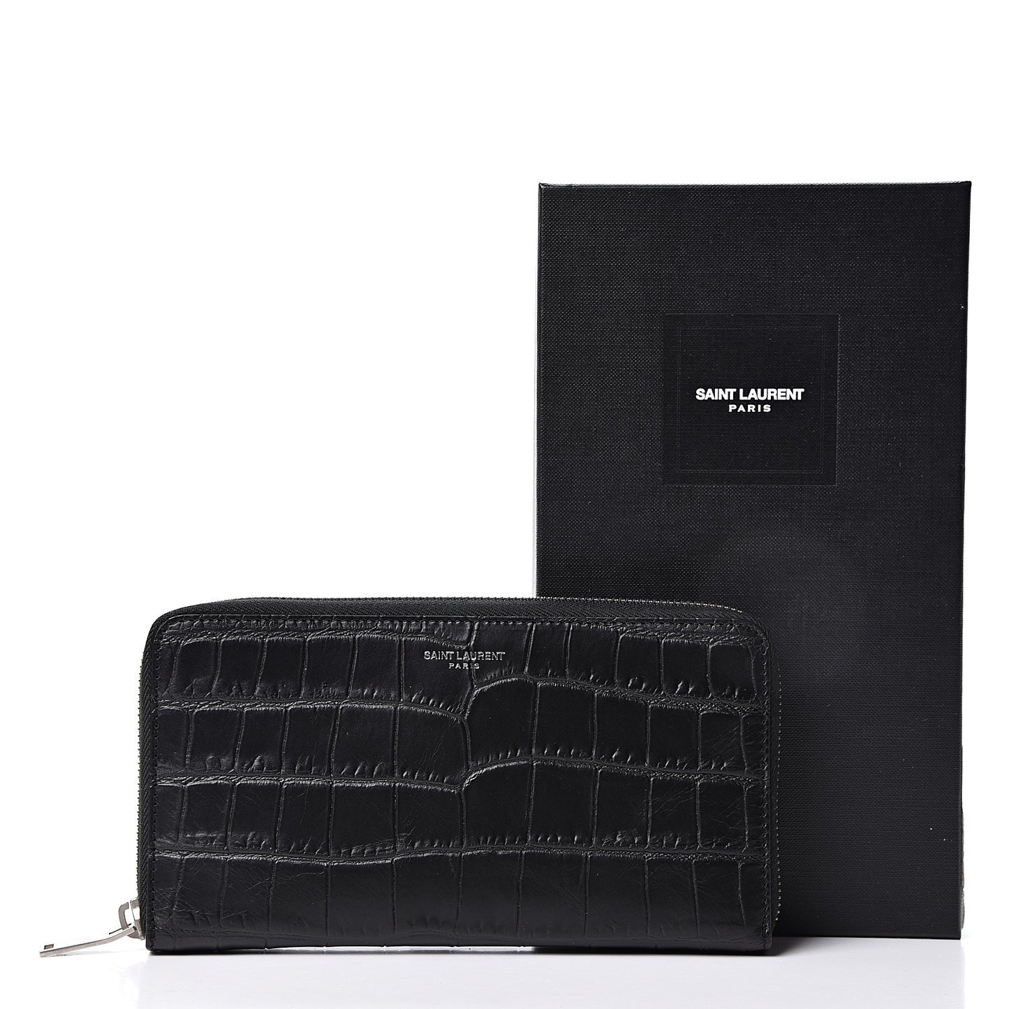 Calfskin Crocodile Embossed Zip Around Continental Wallet Black