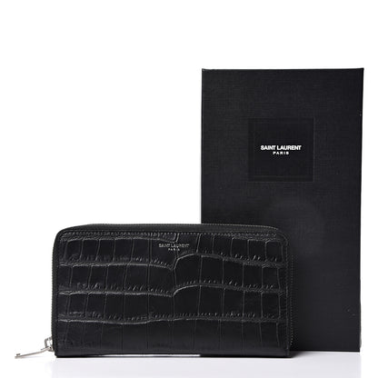Saint Laurent Calfskin Crocodile Embossed Zip Around Continental Wallet Black 9 of 9