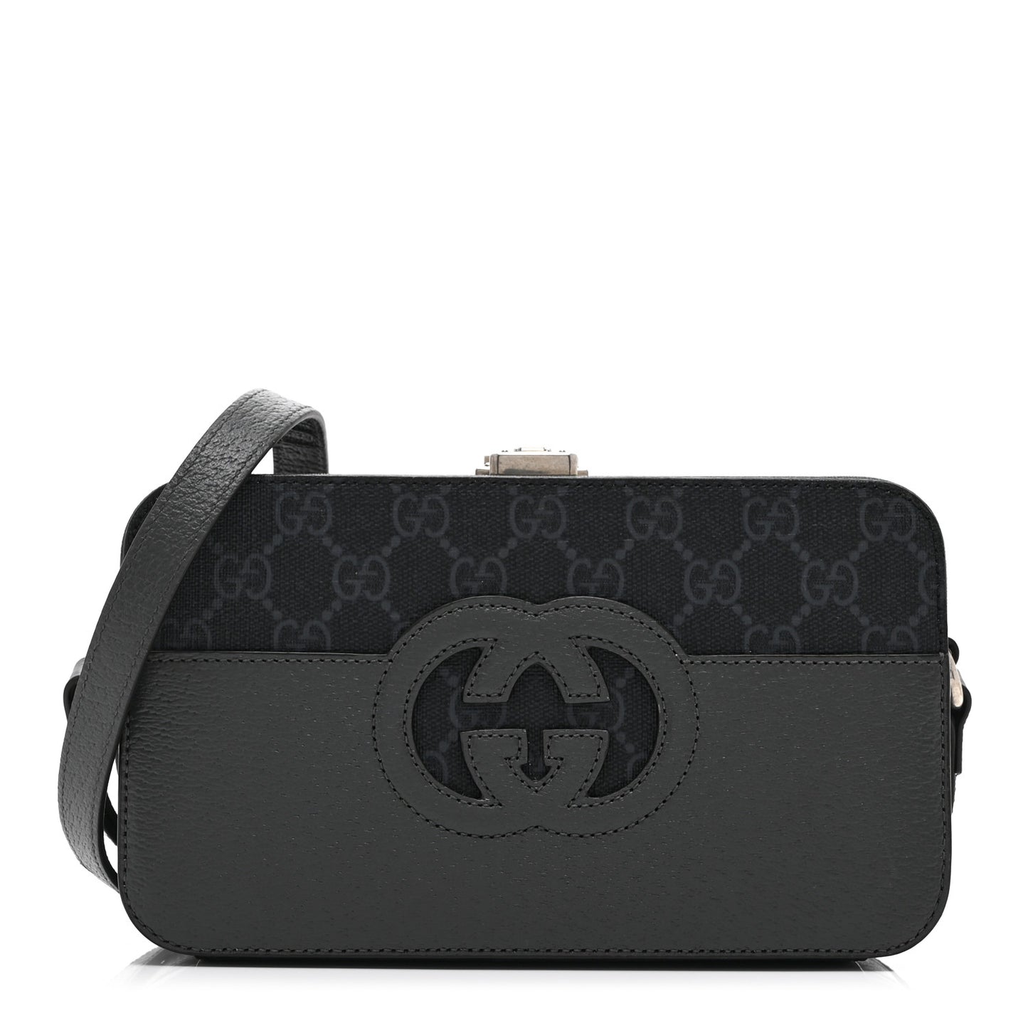 GG Supreme Monogram Textured Dollar Calfskin Mini New Basket Shoulder Bag Black Grey
