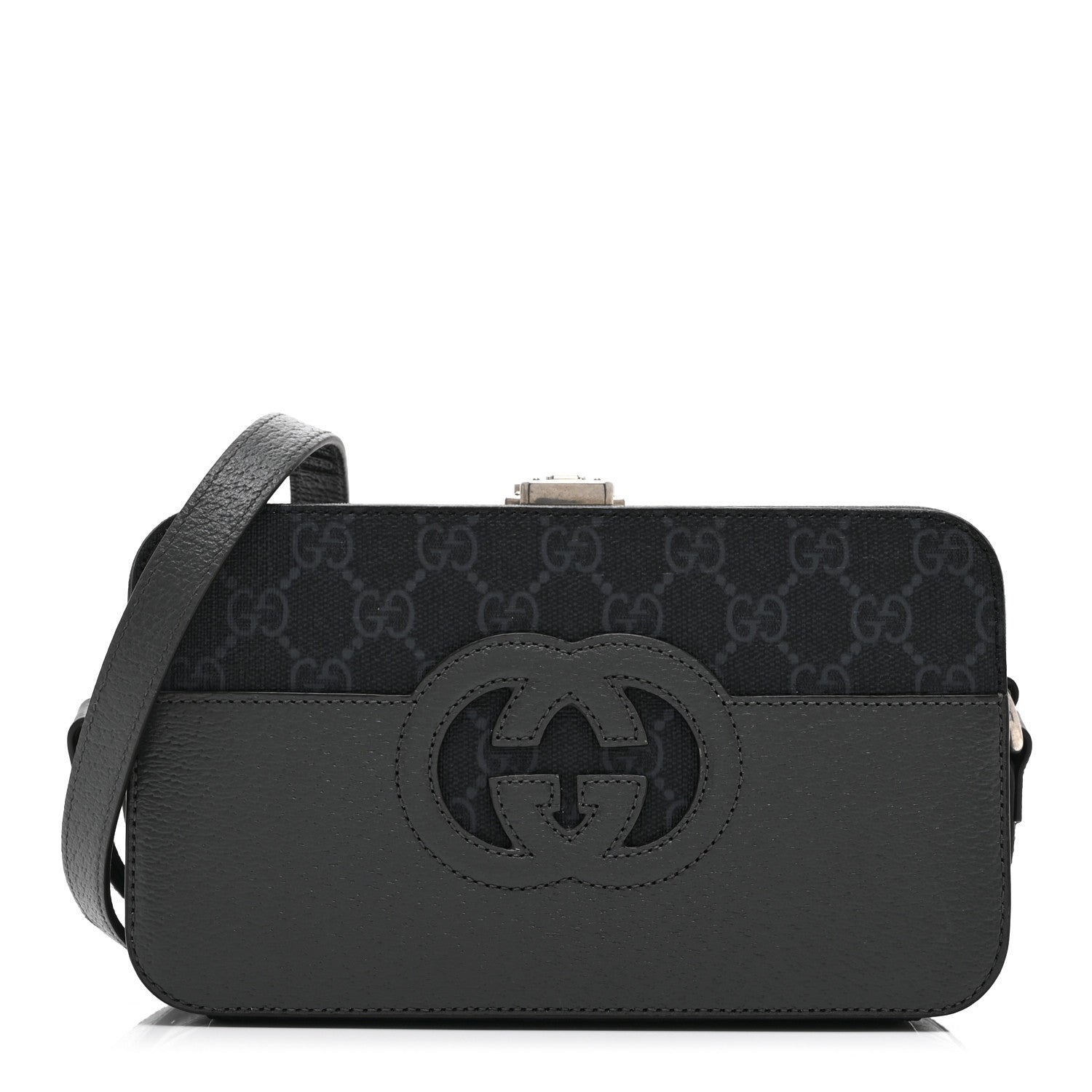 Gucci GG Supreme Monogram Textured Dollar Calfskin Mini New Basket Shoulder Bag Black Grey 1 of 10