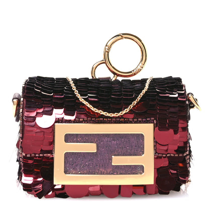 Fendi Sequin Paillettes Shiny Nappa Sex and the City Nano Maxi Buckle Baguette Charm Granata 1 of 13