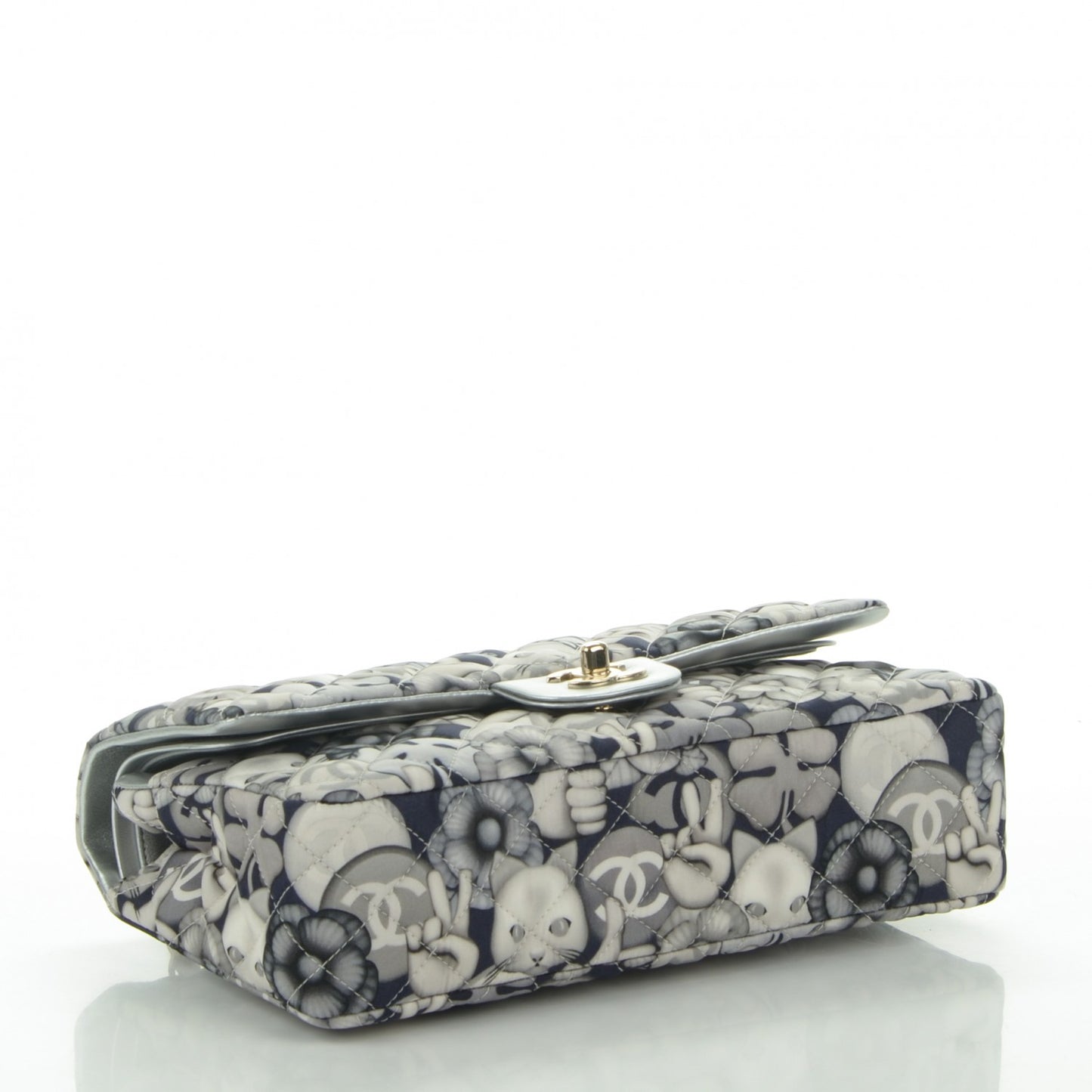 Nylon Quilted Medium Cat Emoticon Double Flap Navy Grey Ecru