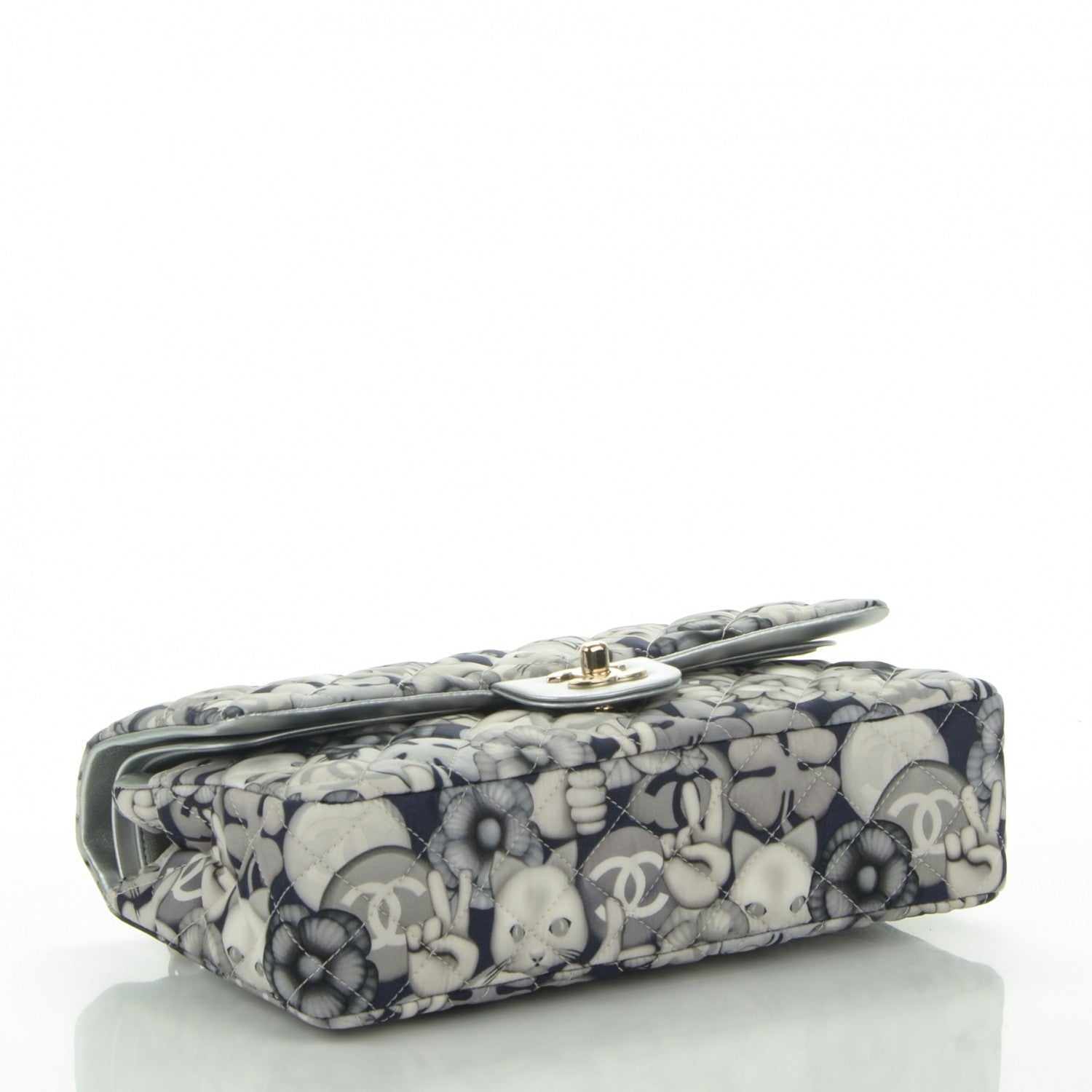 Chanel Nylon Quilted Medium Cat Emoticon Double Flap Navy Grey Ecru 4 of 7