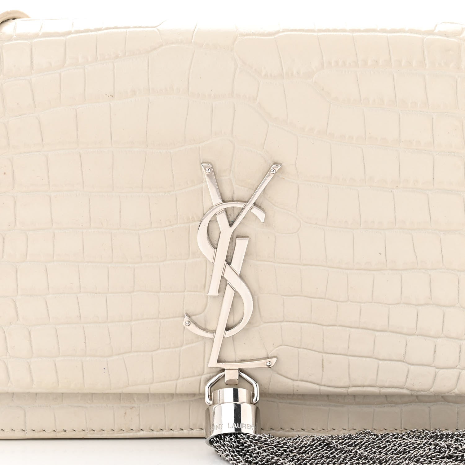 Saint Laurent Calfskin Crocodile Embossed Kate Monogram Tassel Chain Wallet Crema Soft 8 of 14