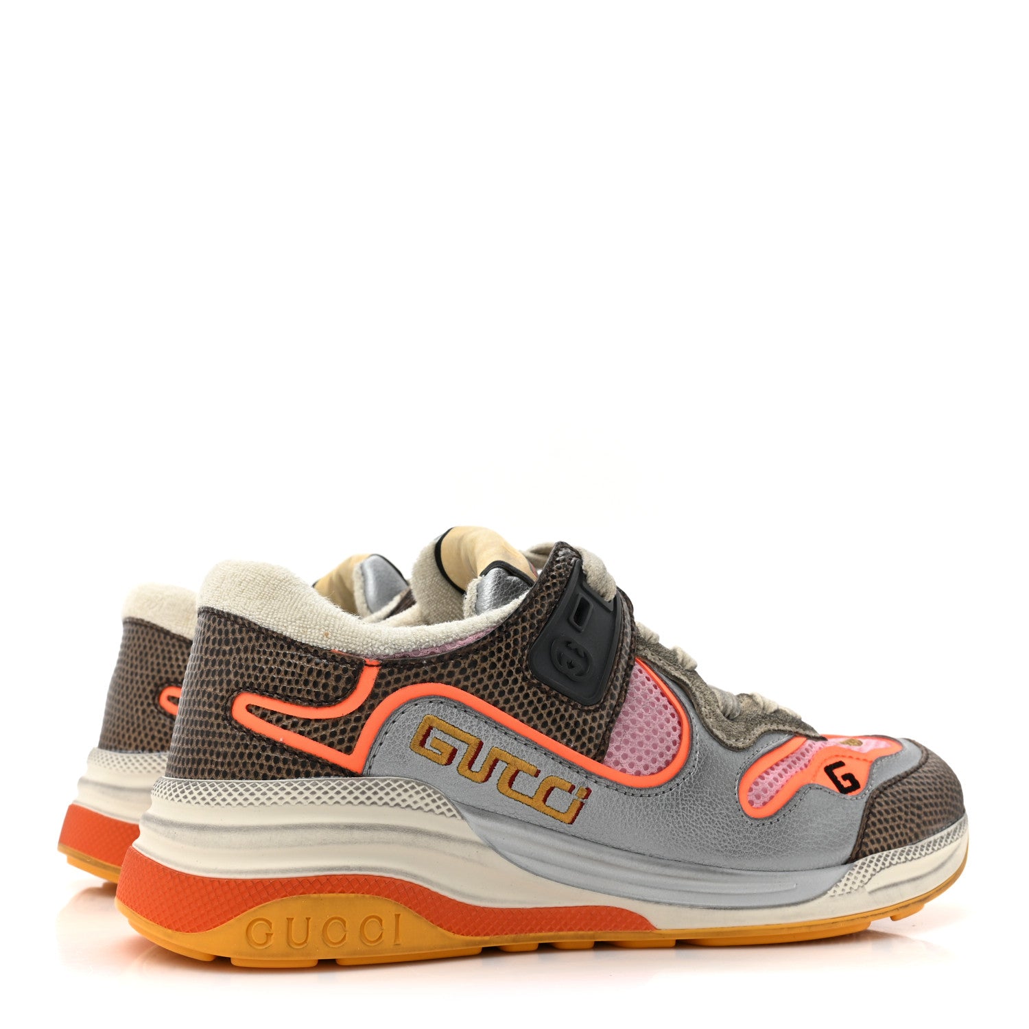 Gucci Calfskin Suede Mesh Lizard Embossed Womens Ultrapace Sneakers 35.5 Silver Anthracite Neon Orange 4 of 8