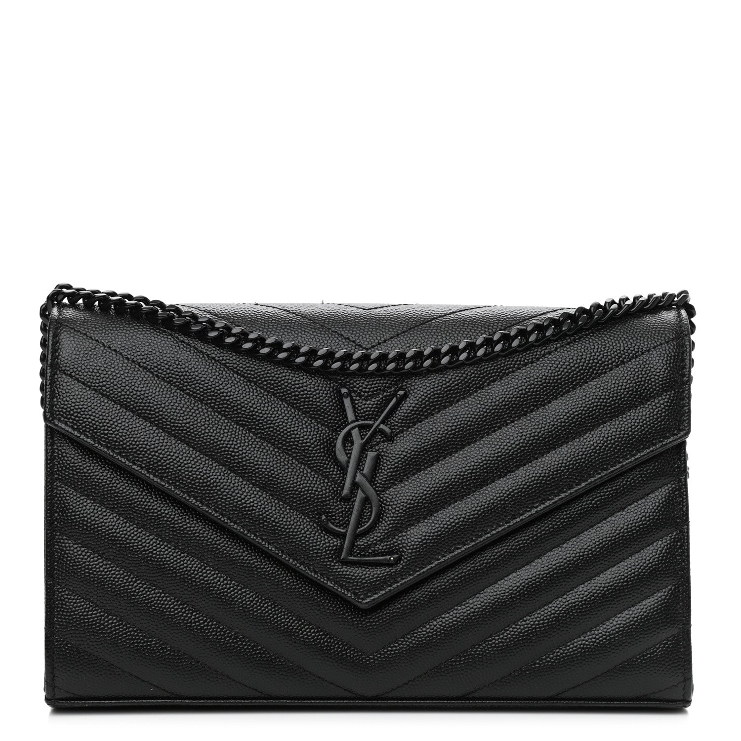 Saint Laurent Grain De Poudre Matelasse Chevron Monogram Monochrome Chain Wallet Black 1 of 10