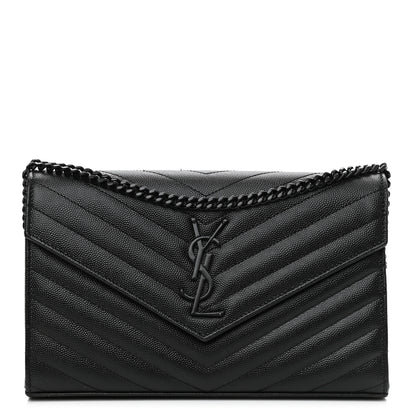 Saint Laurent Grain De Poudre Matelasse Chevron Monogram Monochrome Chain Wallet Black 1 of 10