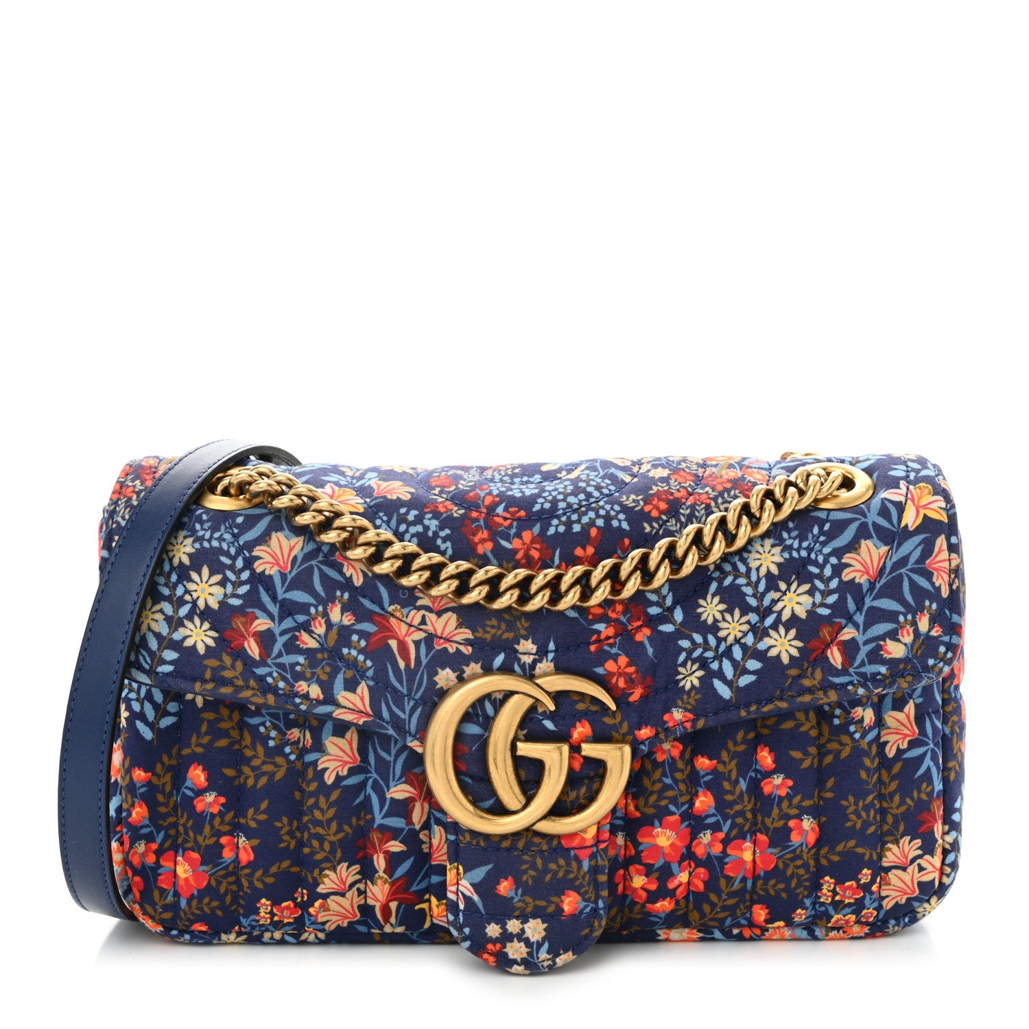 Gucci Cotton Calfskin Matelasse Floral Print Small GG Marmont Shoulder Bag Blue Red Deep Ocean Blue 1 of 9
