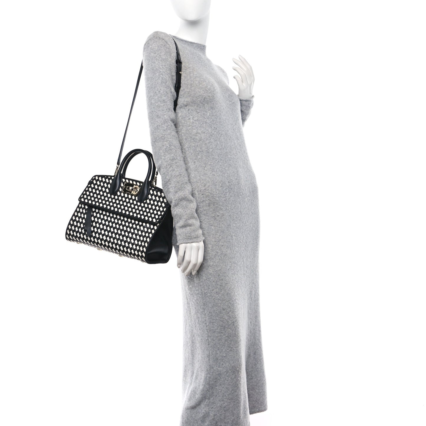 Woven Calfskin Medium Studio Top Handle Bag Black White