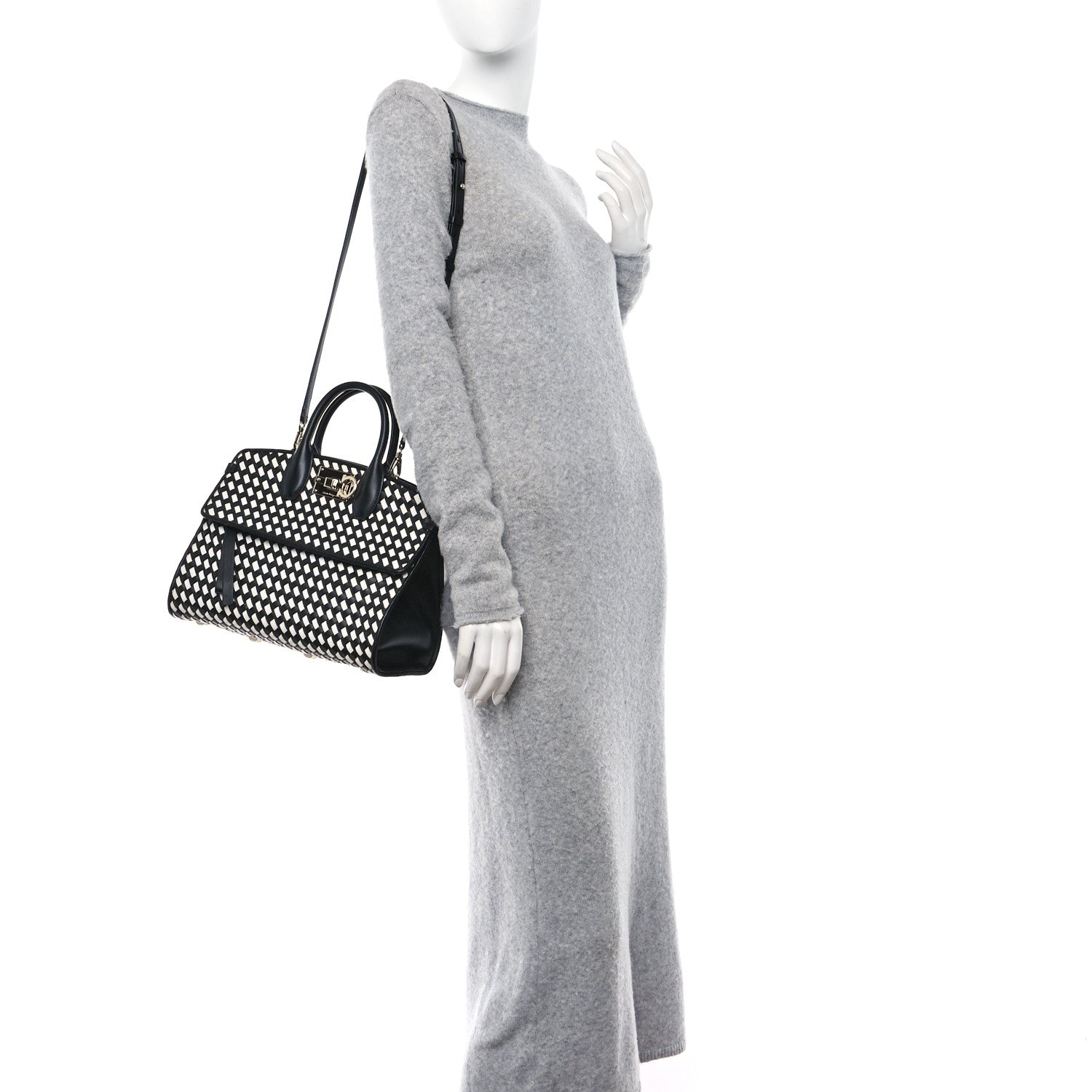 Salvatore Ferragamo Woven Calfskin Medium Studio Top Handle Bag Black White 2 of 9