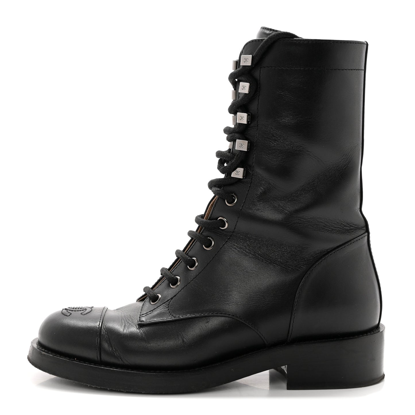 Calfskin Lace Up Combat Boots 36 Black