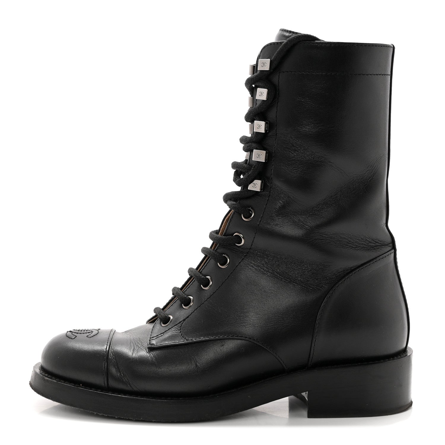Chanel Calfskin Lace Up Combat Boots 36 Black 1 of 16
