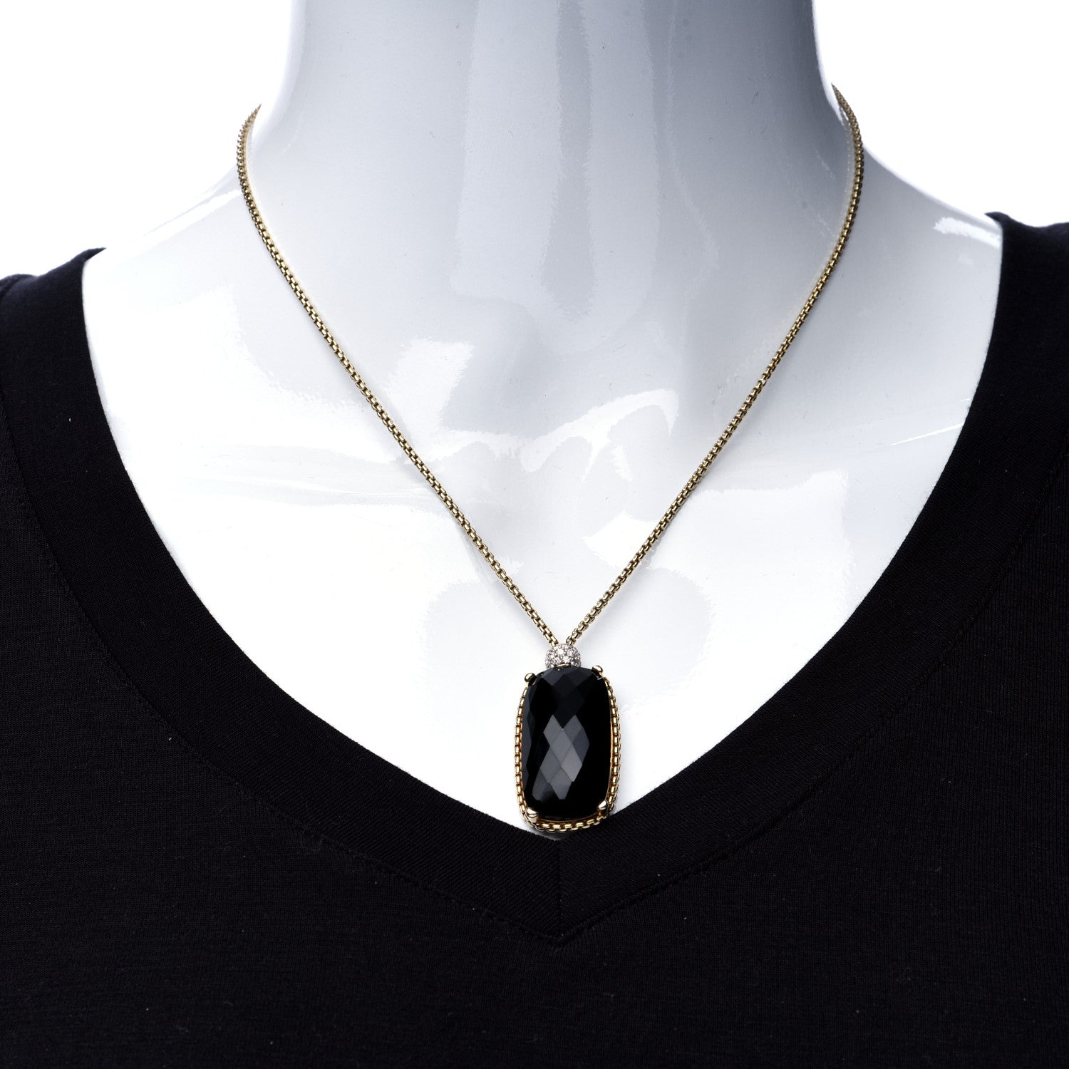 David Yurman 18K Yellow Gold Diamond Black Onyx Rectangle Pendant Necklace 2 of 5