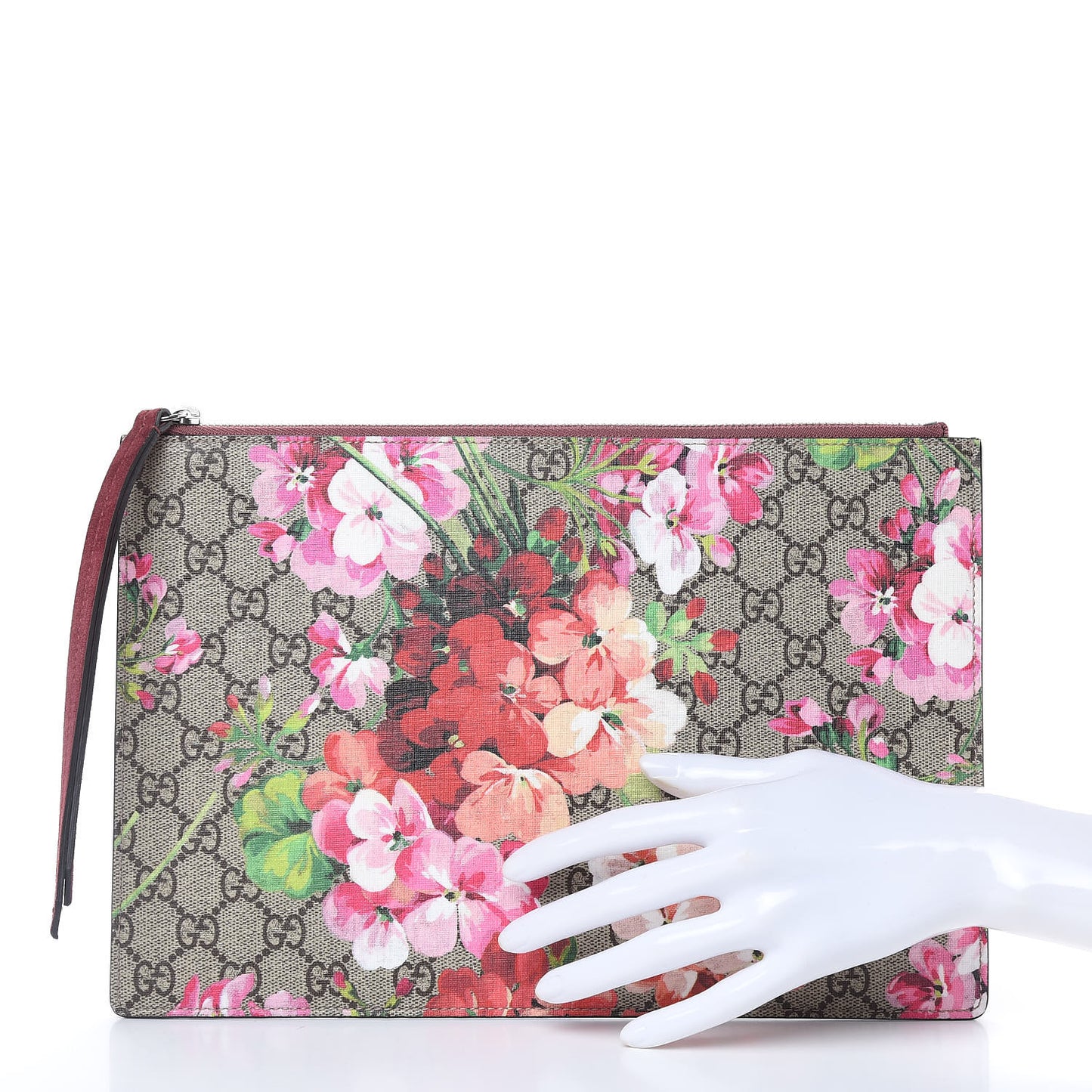 GG Supreme Monogram Blooms Suede Large Zip Pouch Beige Multicolor Dry Rose
