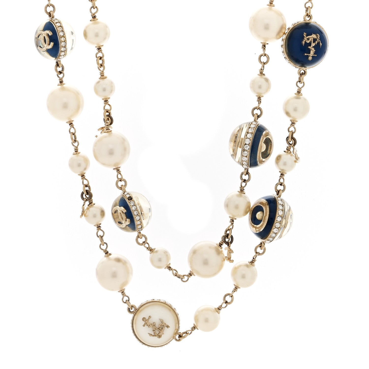 Chanel Pearl Crystal CC Nautical Long Necklace Gold Blue 1 of 5