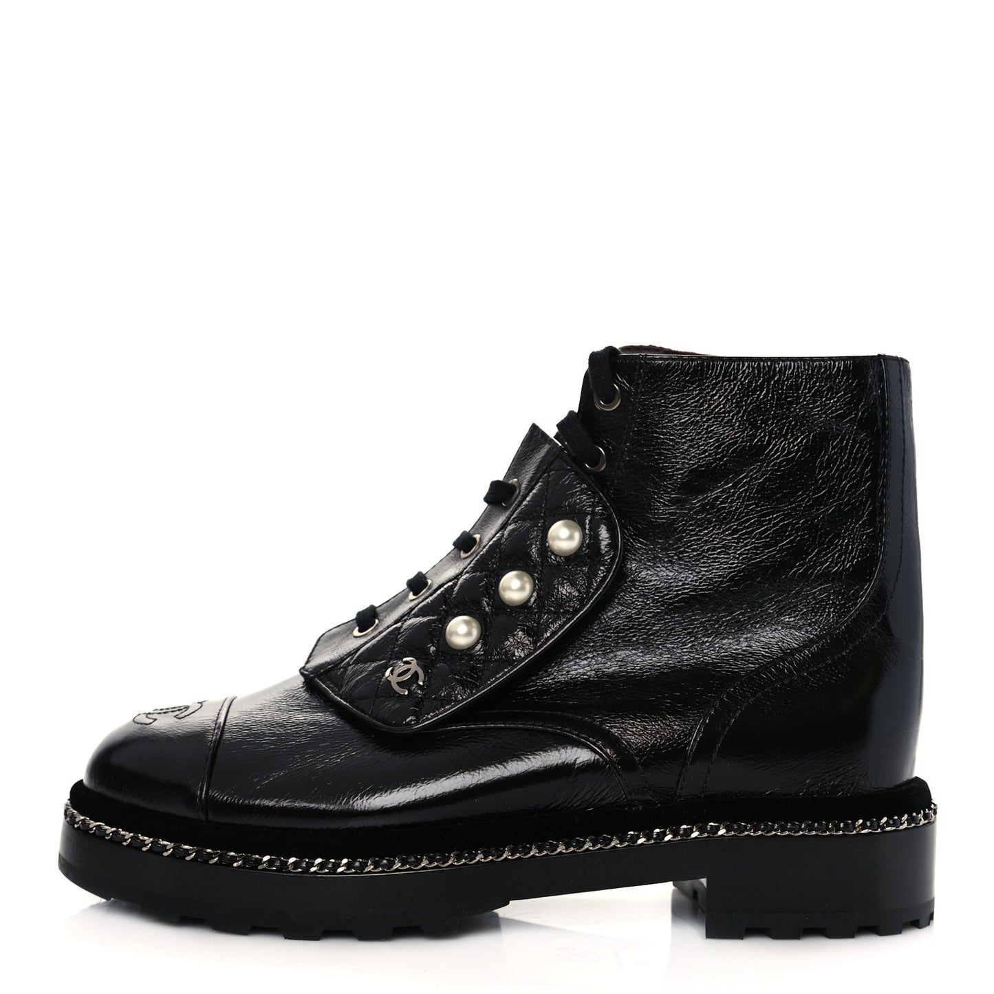Crackled Calfskin Velvet Pearl Combat Short Boots 39 Black