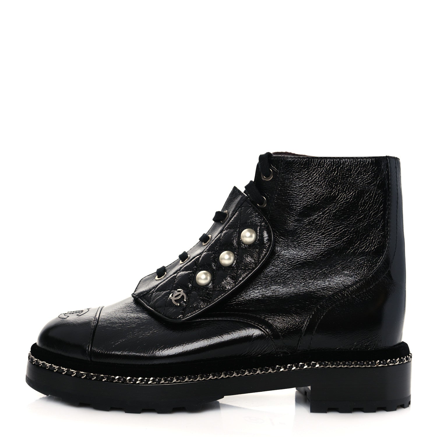 Chanel Crackled Calfskin Velvet Pearl Combat Short Boots 39 Black 1 of 8