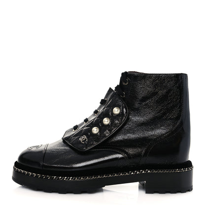 Chanel Crackled Calfskin Velvet Pearl Combat Short Boots 39 Black 1 of 8
