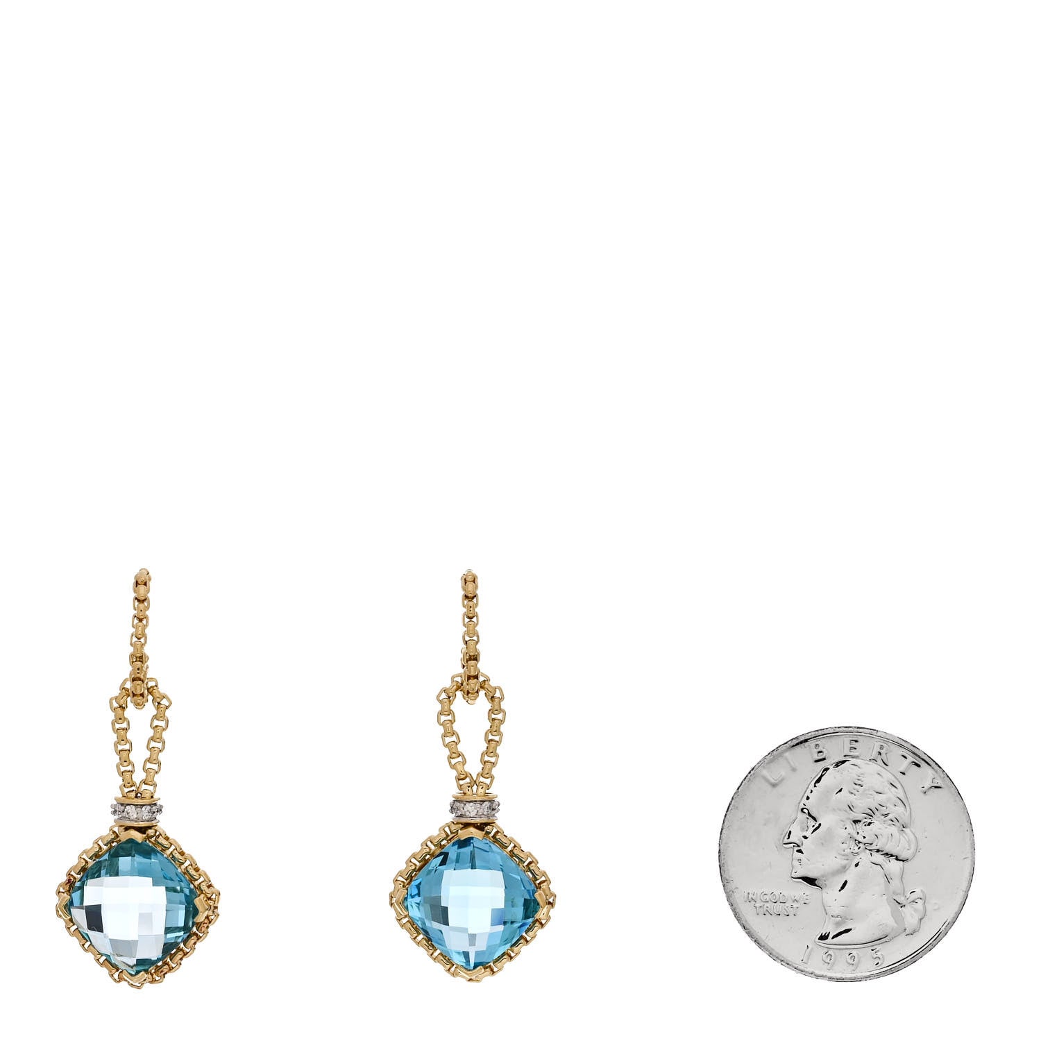 David Yurman 18K Yellow Gold Diamond Blue Topaz Cushion On Point Drop Earrings 2 of 4