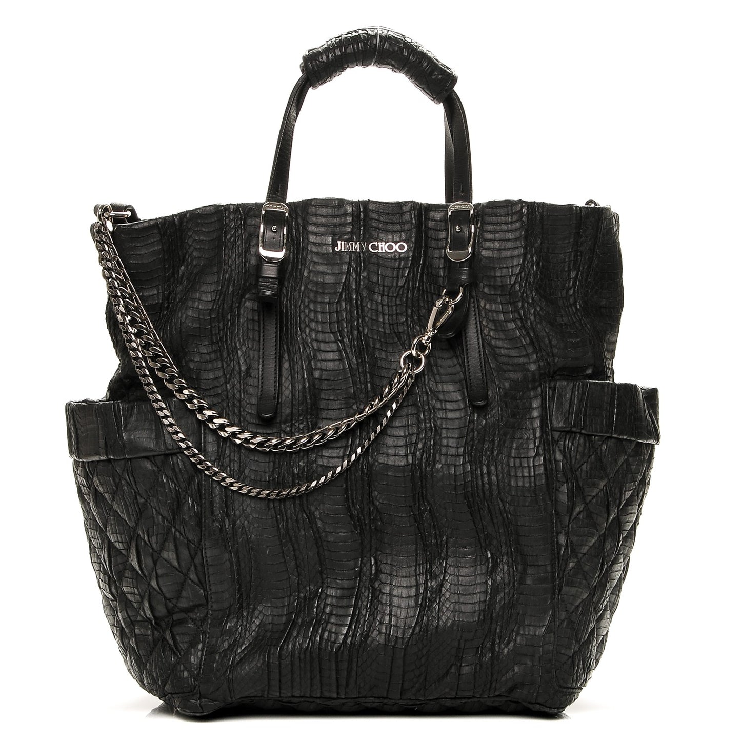 Waxed Snakeskin Chain Embellished Blare Tote Black