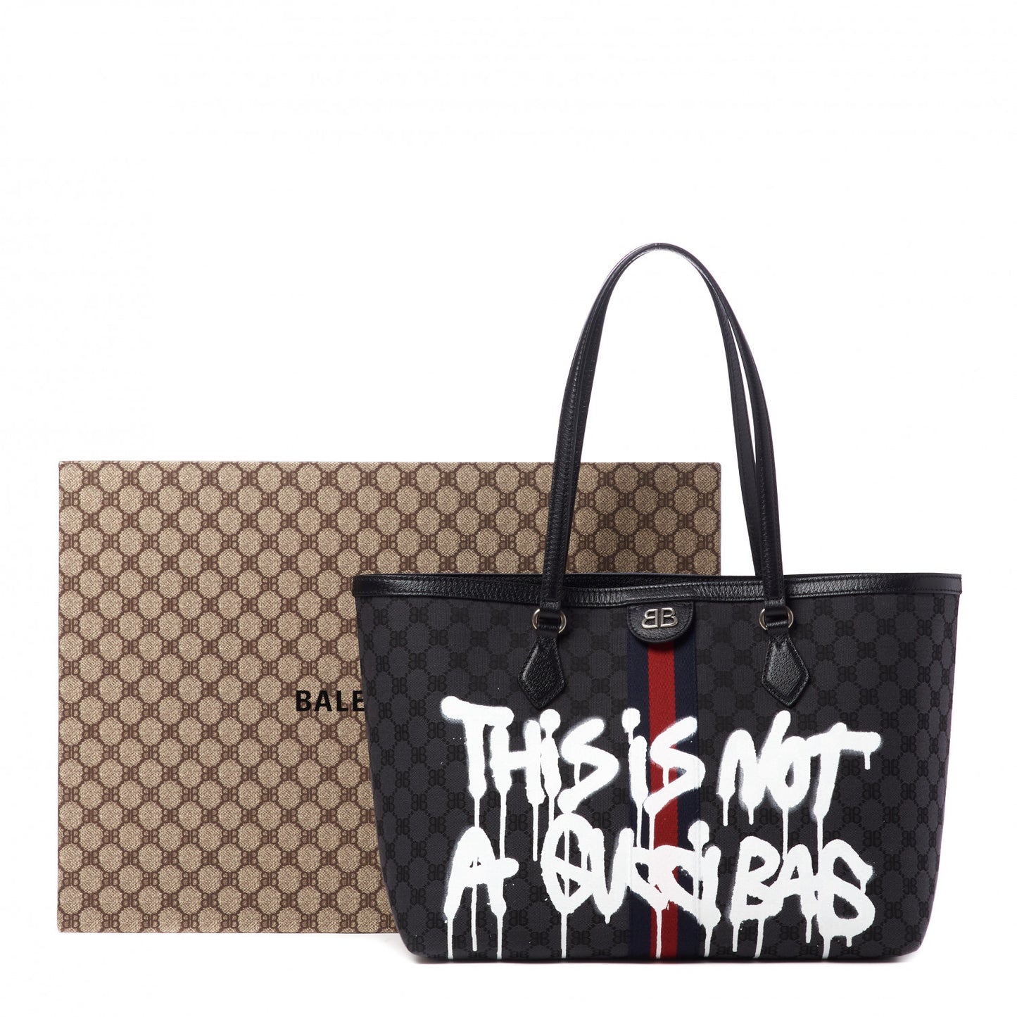 X BALENCIAGA BB Monogram Web Graffiti Medium Ophidia Shopping Tote Black