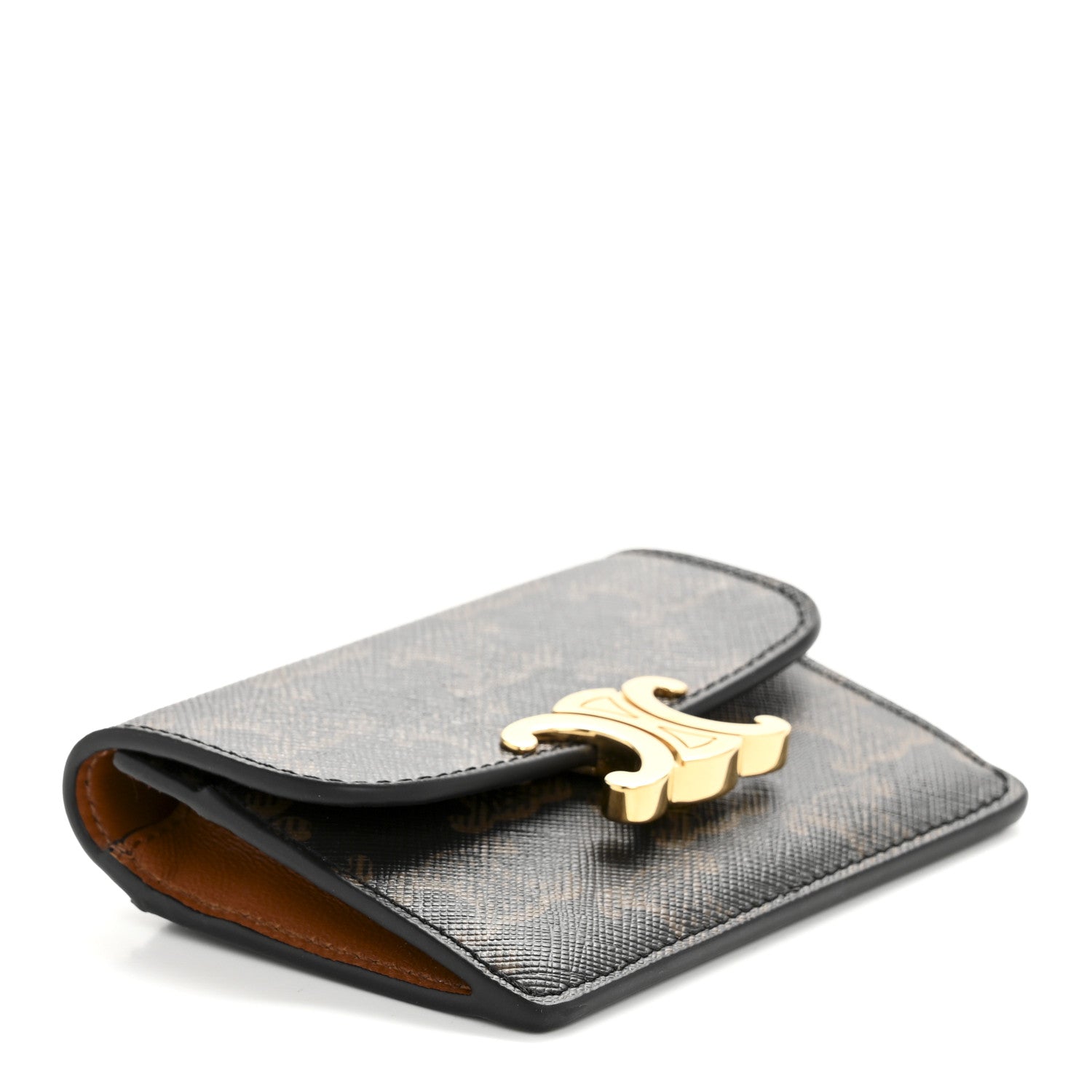 Celine Triomphe Canvas Calfskin Flap Card Holder Tan 4 of 10