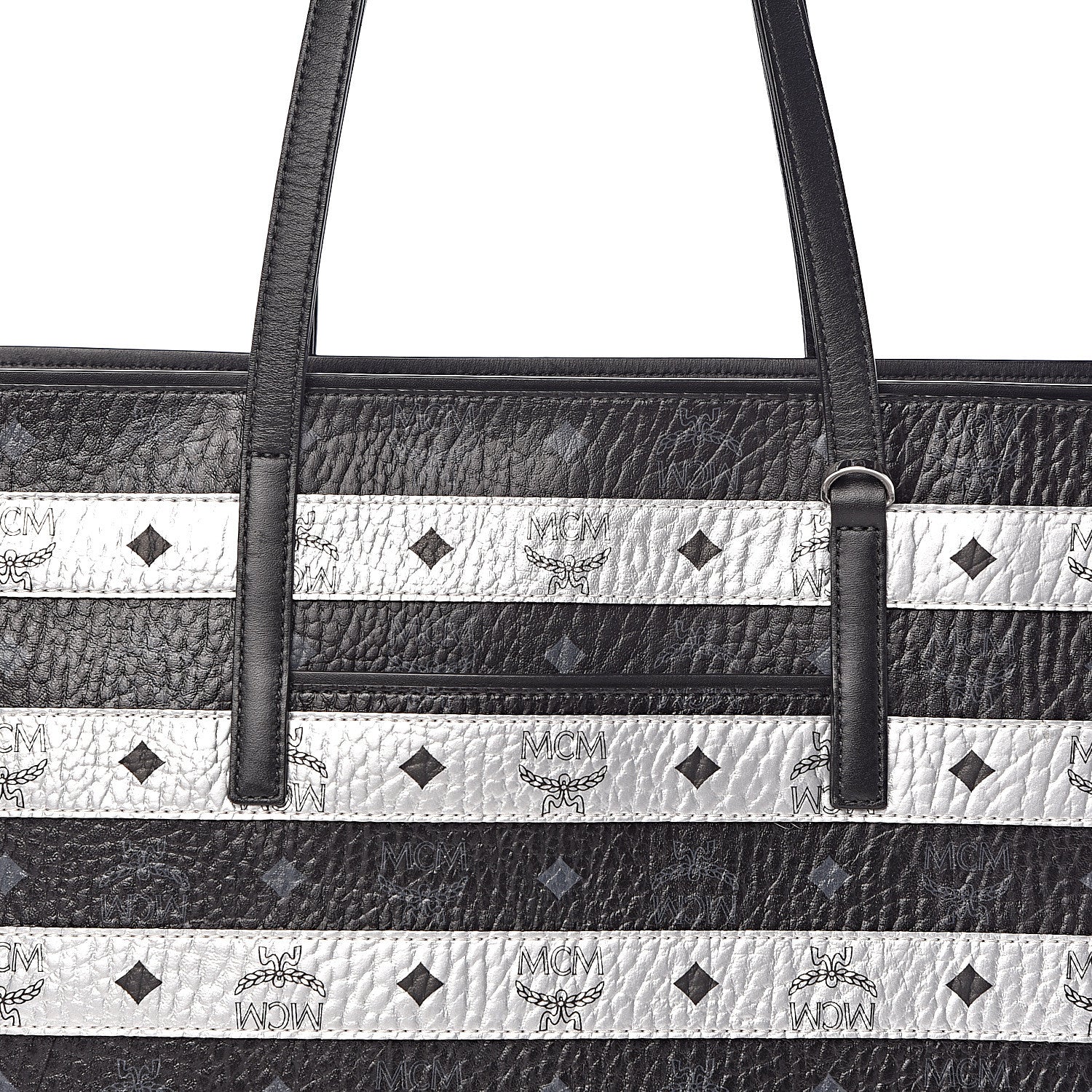 MCM Metallic Visetos Striped Medium Anya Shopper Tote Black Silver 9 of 9