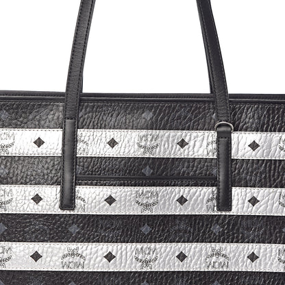 MCM Metallic Visetos Striped Medium Anya Shopper Tote Black Silver 9 of 9