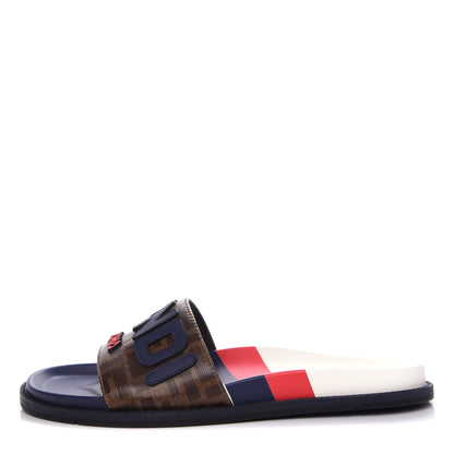 Fendi X FILA Glazed Fabric Calfskin FF 1974 Mania Mens Slide Sandals 7 Mogano Panna Blueberry Caipiroska 1 of 10