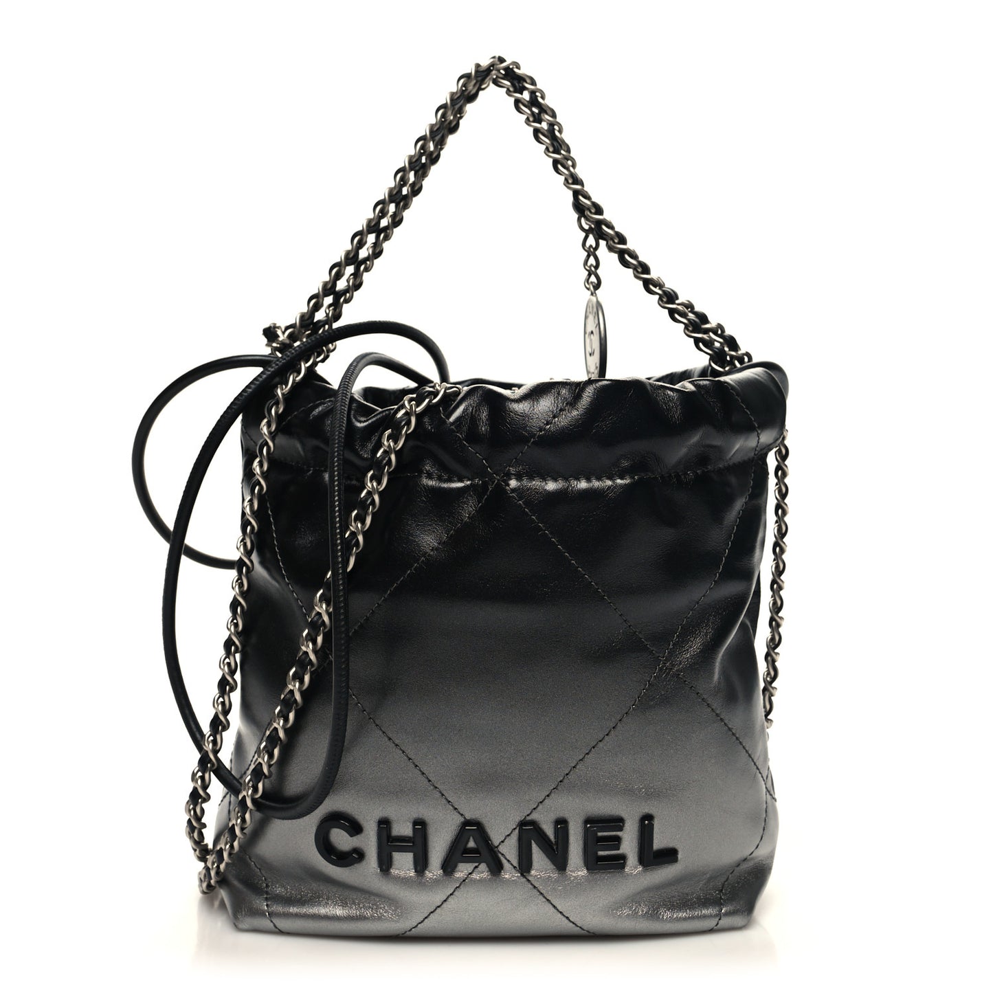 Metallic Shaded Calfskin Quilted Mini Chanel 22 Black Silver