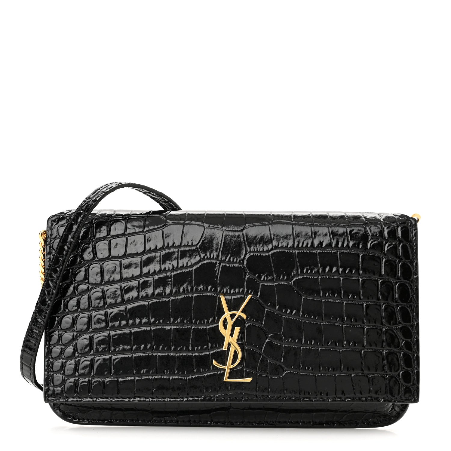 Saint Laurent Crocodile Embossed Monogram Phone Holder Crossbody Black 1 of 10