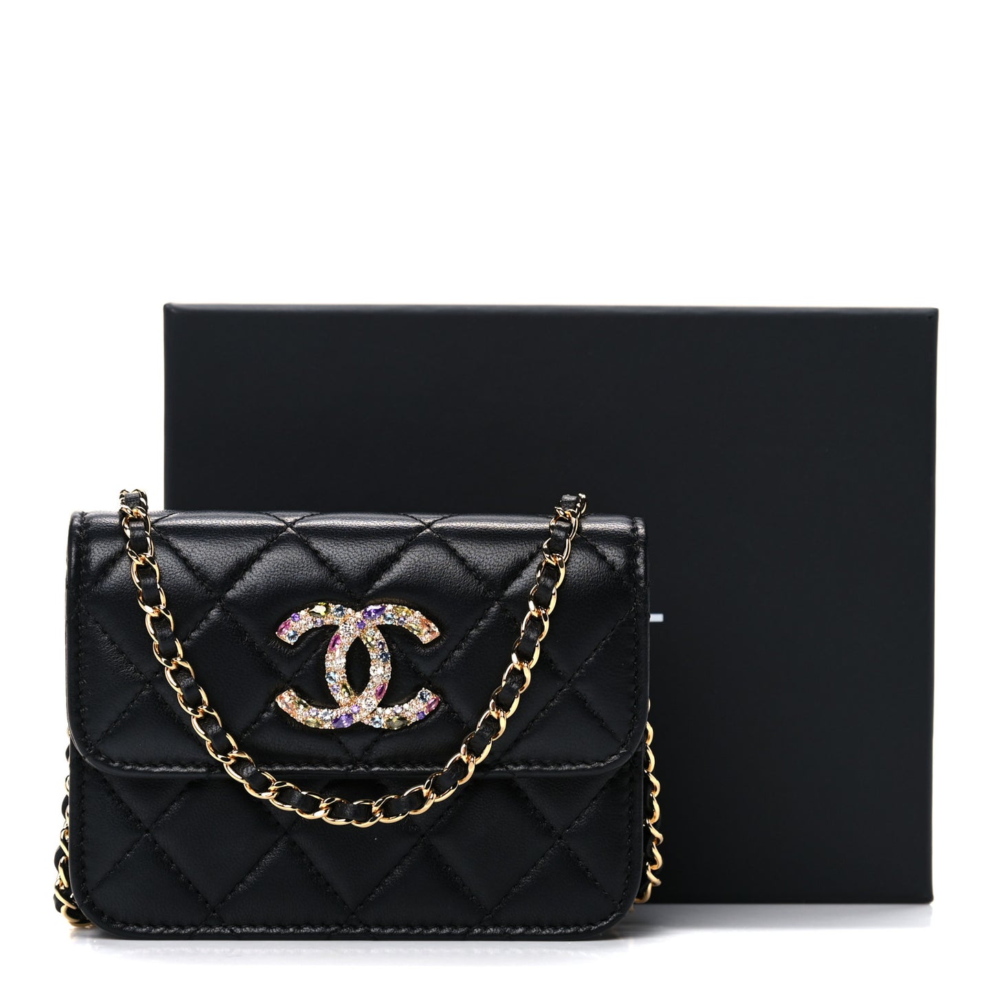 Lambskin Quilted Zirconium Clutch With Chain Black