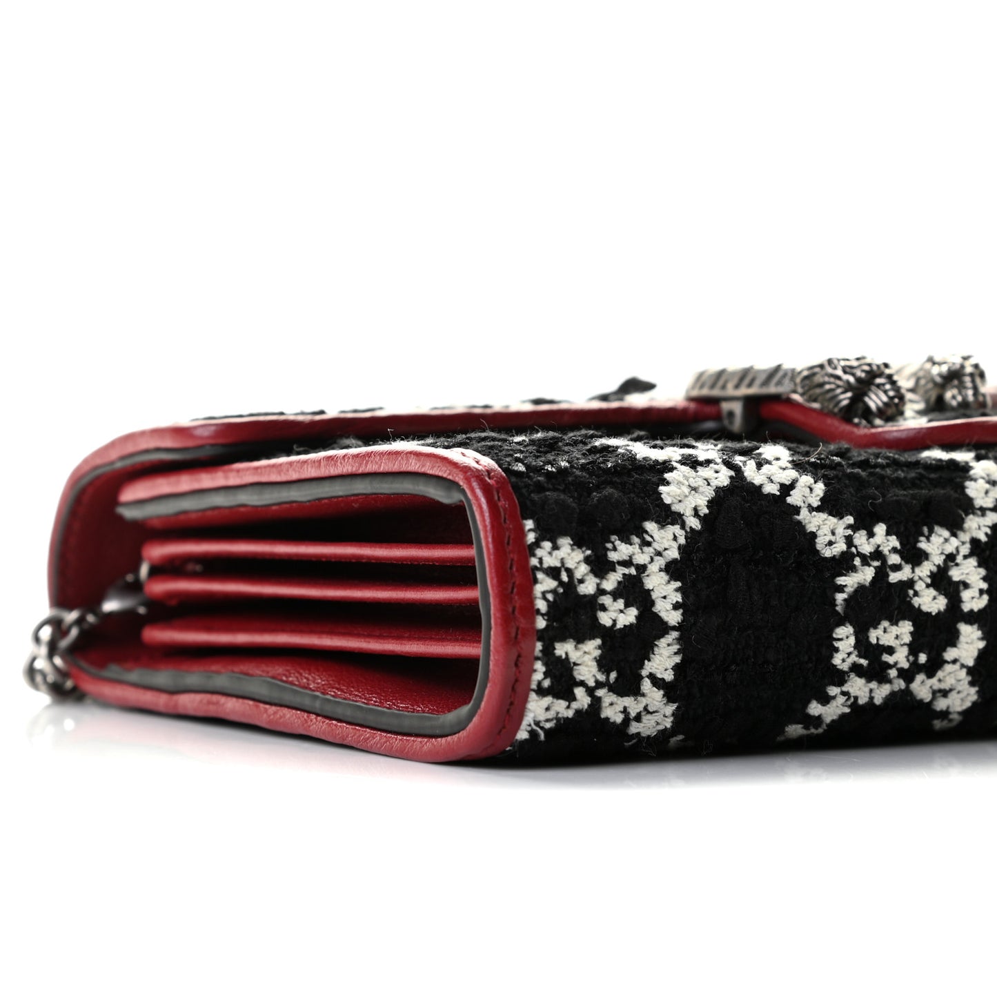 Tweed GG Monogram Mini Dionysus Chain Wallet Black White Romantic Cherry