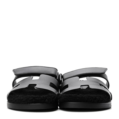 Hermes Calfskin Woolskin Womens Chypre Sandals 39 Black 2 of 4