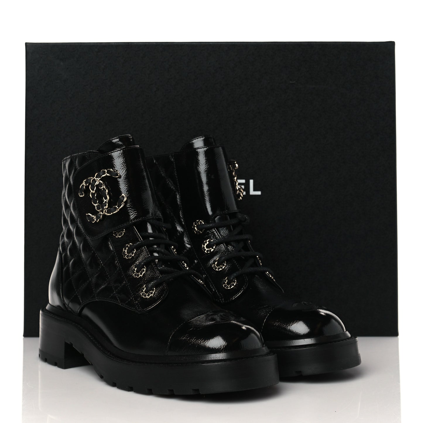 Shiny Calfskin Quilted Lace Up Combat Boots 37.5 Black